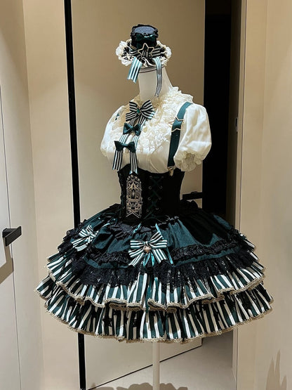 [Pre-order Deadline: May 20] Magical Girl Lolita Elegant Lace Puff Sleeve Shirt + Black x Green Ribbon Corset Tiered Dress + Mini Hat