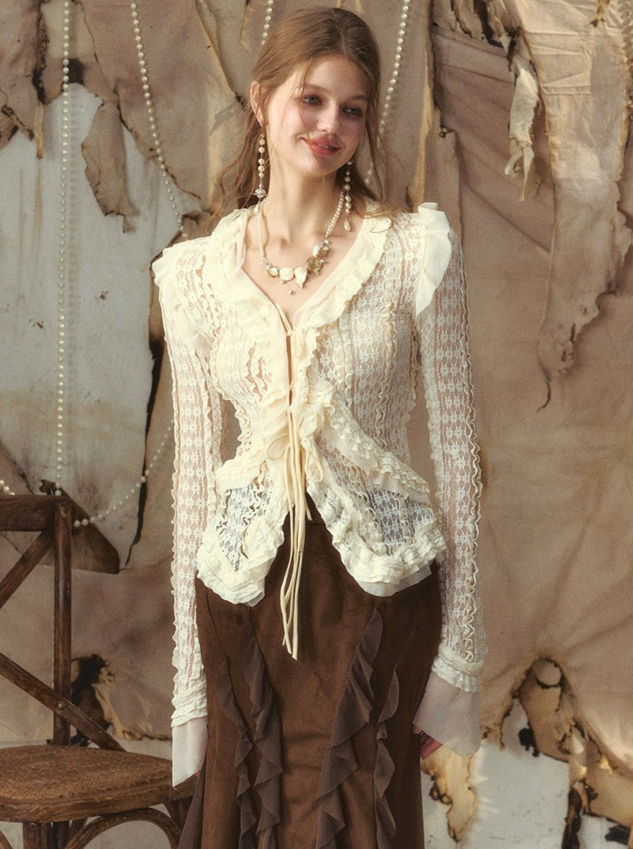 Voluminous Frilled Lace Knit Cardigan