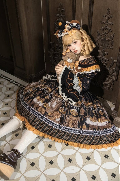 [Reservierungsschluss 8. September] Classic Bear Lolita-Stufenkleid mit weißem Kragen, Karomuster, Spitze und Schleife+Vintage-JSK-Kleid mit Teddybär-Print und Spitze+Vintage-Lolita-Kleid mit Teddybär-Print, Karokragen und klassischem Karomuster