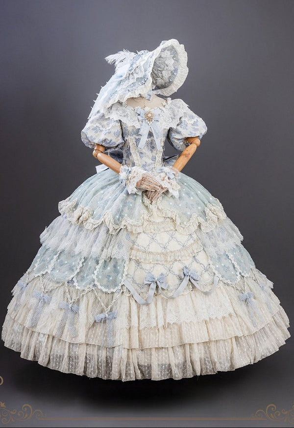 【9月10日予約締切】Pink/Blue Rococo Fantasy Puff Sleeve Ribbon Tiered Princess Lolita Dress Bridal＋Full set[Op Dress + Feather Hat + Choker + Back Ribbon Train + Lace Gloves]
