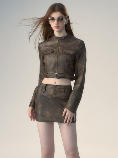 Maillard Stand Collar Short Leather Jacket + Tight Leather Skirt