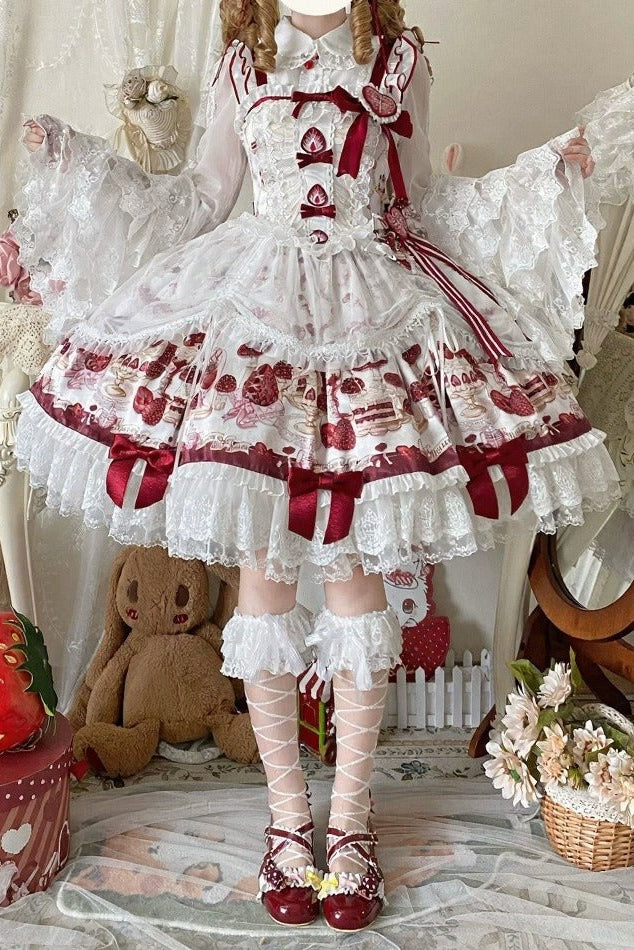 【11月4日予約締切】Strawberry Print Sweet Lolita Lace Bow JSK Dress + Puff Sleeve Lace Bow Doll Dress with Bone Embroidery Apron