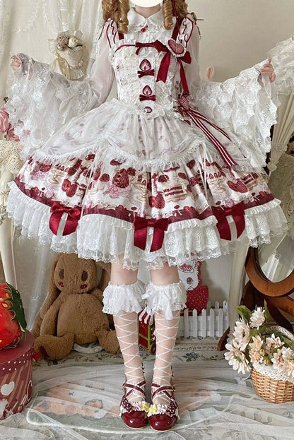 【11月4日予約締切】Strawberry Print Sweet Lolita Lace Bow JSK Dress + Puff Sleeve Lace Bow Doll Dress with Bone Embroidery Apron
