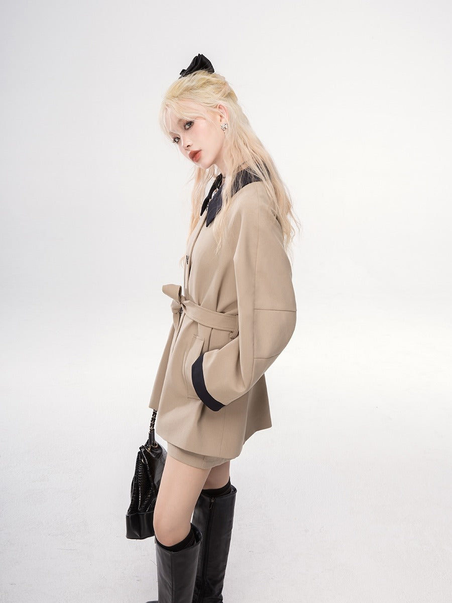 Poseidon Khaki Contrast Color Trench Jacket + Shorts