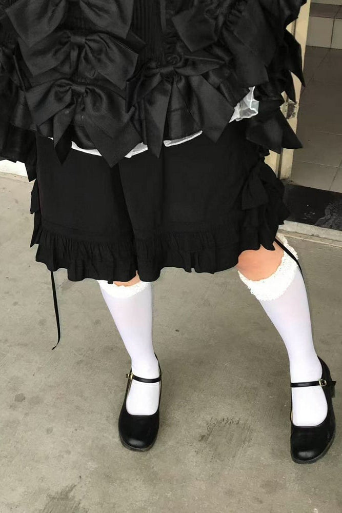 [November 15 Reservation Deadline] Black Gothic Doll-Style Front-And-Back Two-Way Ruffle Ribbon Lolita Dress (Short/Long) + Matching Shorts (Short/Long) + BB Hat