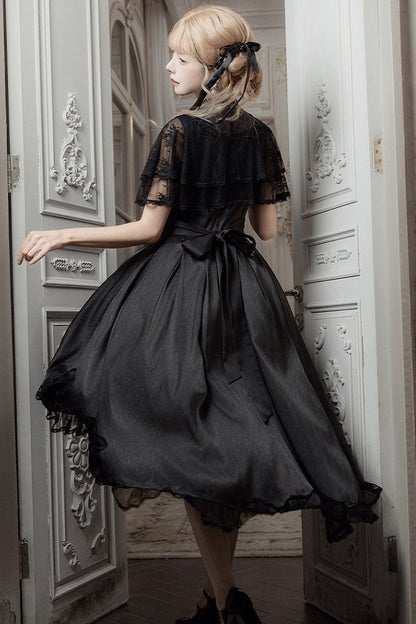 【10月8日予約締切】Black Classic Lolita Black Bow High-Low Dress(Sheer lace hem version / Plain satin frill hem version)