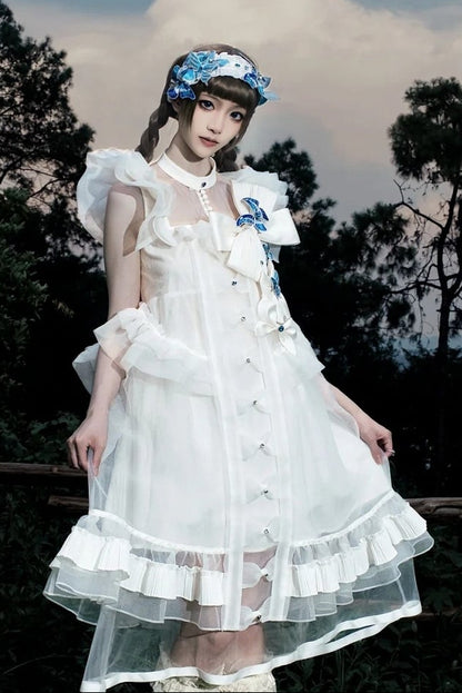 [Vorbestellfrist: 1014] Schwarz/weißes Gothic-Lolita-Set aus Puppenkleid mit Schmetterlingsschleife, Bandkragen und Flatterärmeln + Puppenkleid mit eckigem Ausschnitt und Flatterärmeln