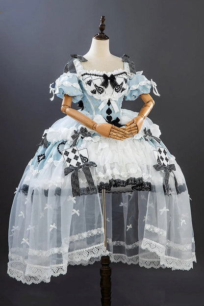 [Cierre de reservas: 24 de julio] Vestido lolita azul de Alicia en el País de las Maravillas con hombros descubiertos, lazo de cartas y superposición de tul (largo/corto)