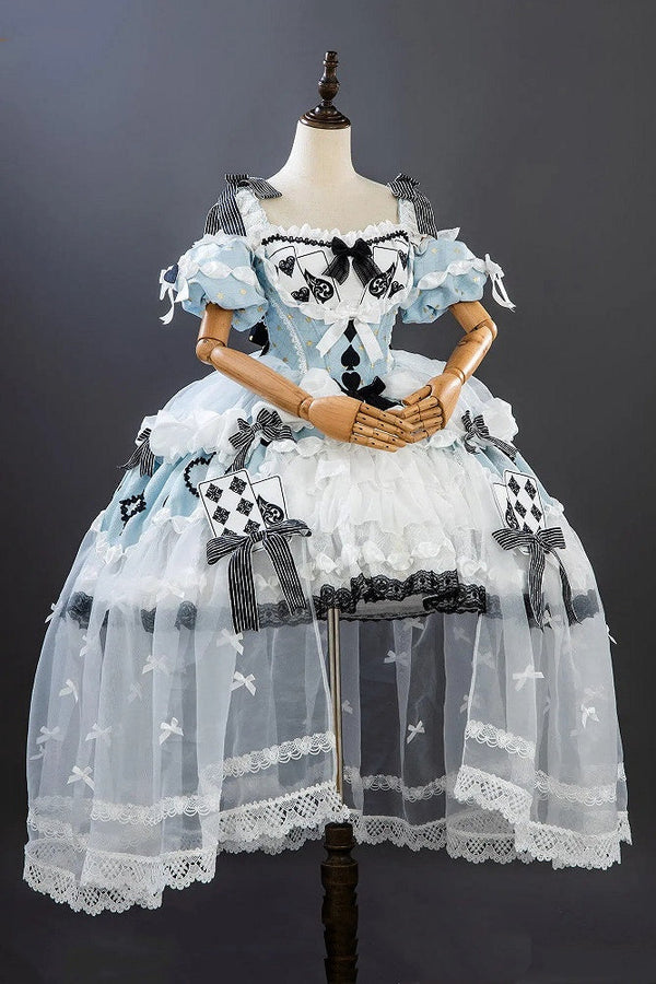 [Cierre de reservas: 24 de julio] Vestido lolita azul de Alicia en el País de las Maravillas con hombros descubiertos, lazo de cartas y superposición de tul (largo/corto)