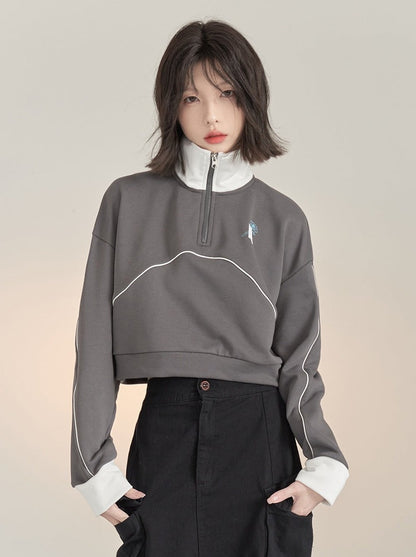 Half Zip Stand Collar Short Sweatshirt