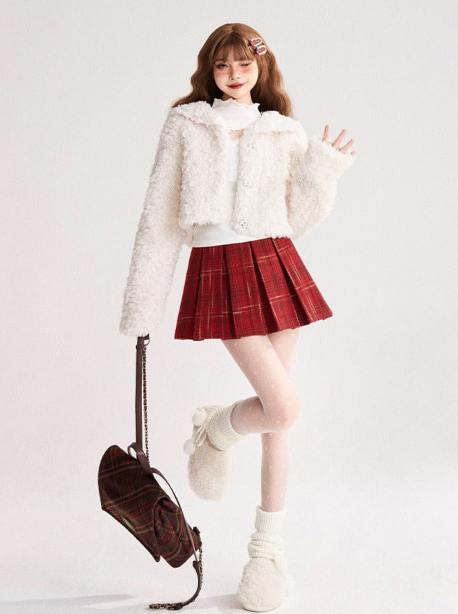 Snow White Sailor Collar Short Fur Jacket