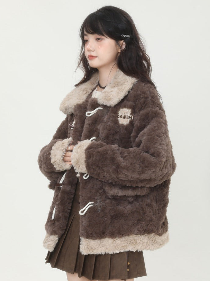 Horn Button Fluffy Fur Boa Coat