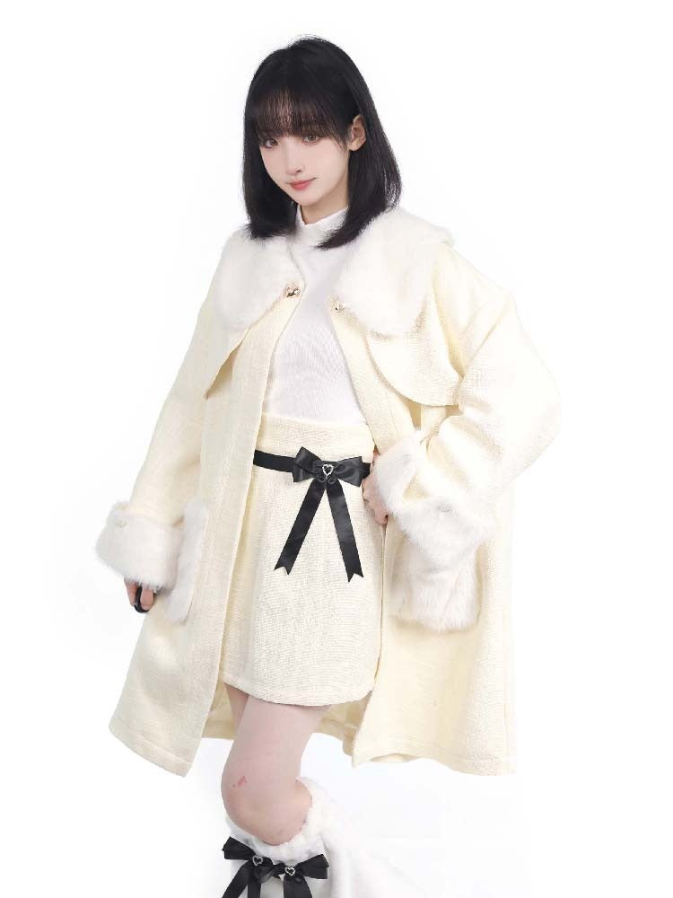 Pure White Snow Fur Jacket Top Skirt Leg Warmer Set