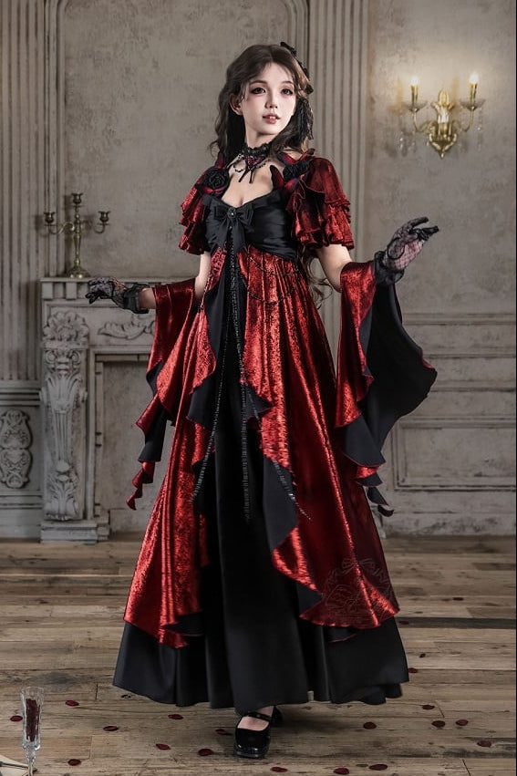 [Date limite de précommande: 105] Robe empire gothique élégante à volants cascade rouge/bleu [courte/longue] + ensemble robe complet (châle, broche papillon, chaîne de taille, traîne à nœud au dos)