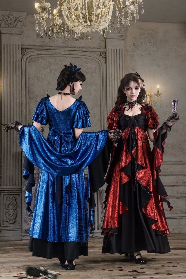 [Date limite de précommande: 105] Robe empire gothique élégante à volants cascade rouge/bleu [courte/longue] + ensemble robe complet (châle, broche papillon, chaîne de taille, traîne à nœud au dos)