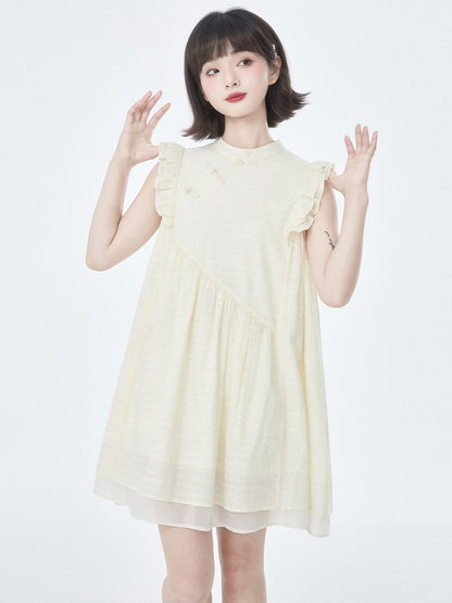 China Stand Color Frill Shoulder Rose Dress