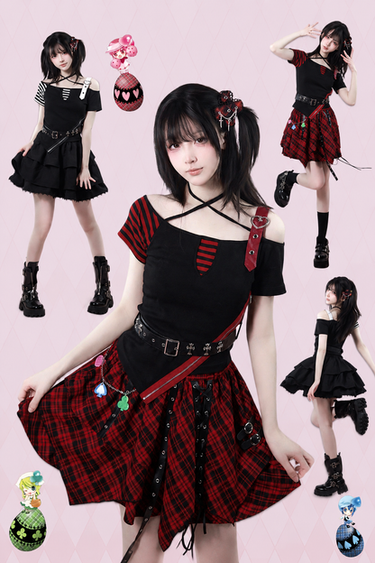 Heart Belt Off-Shoulder Punk Jirai Kei T-Shirt