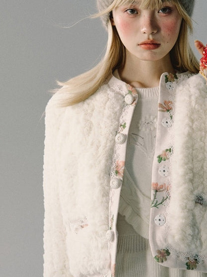 Mokomoko Fur Flower Jacquard Round Neck Wool Jacket