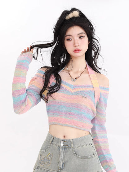 Rainbow Knit Halter Neck Sweet and Spicy Short Top