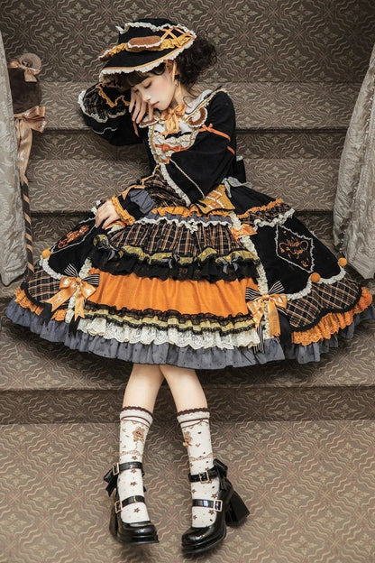 [Reservierungsschluss 8. September] Classic Bear Lolita-Stufenkleid mit weißem Kragen, Karomuster, Spitze und Schleife+Vintage-JSK-Kleid mit Teddybär-Print und Spitze+Vintage-Lolita-Kleid mit Teddybär-Print, Karokragen und klassischem Karomuster