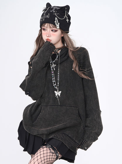 Damaged dark hooded knit top