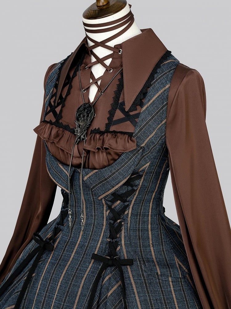 【12月29日予約締切】ゴシックロリータポインテッドカラーアンドレースアップリボンフリルシャツ