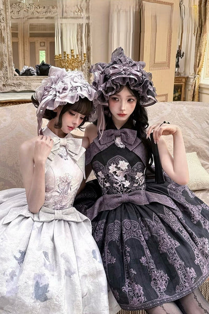 [Scadenza prenotazioni 98] Abito Lolita stile cinese con scollo all'americana, fiocco e ricamo giglio effetto vetrata, nero x viola / bianco x viola