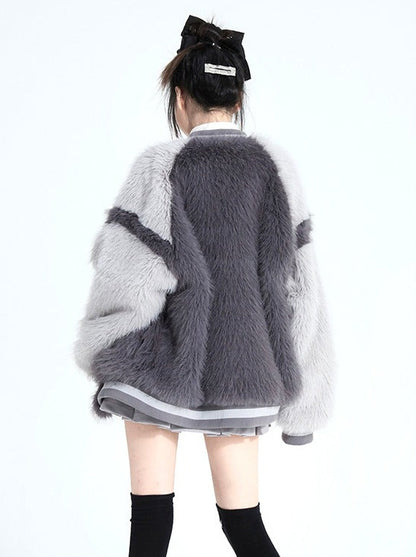 Gray Furry Contrast Collar Raglan Sleeve Fur Jacket