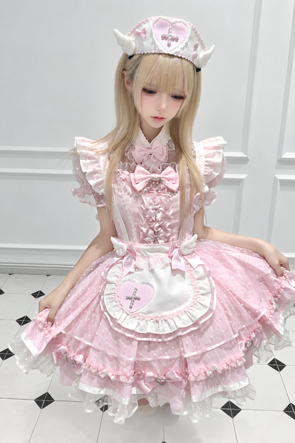 【10月15日予約締切】Pink/Blue Medical Angel Bow Frill Apron Dress Set + Nurse Hat + Nurse Hat