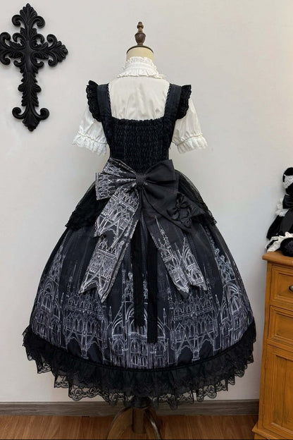 【10月13日予約締切】Gothic Lolita Black White Cathedral Series Accessories(Flat Hat, Crown Mini Hat, Sash, Back Ribbon Train, Waist Apron, Castle Flower Brooch, Brooch, Jabot)