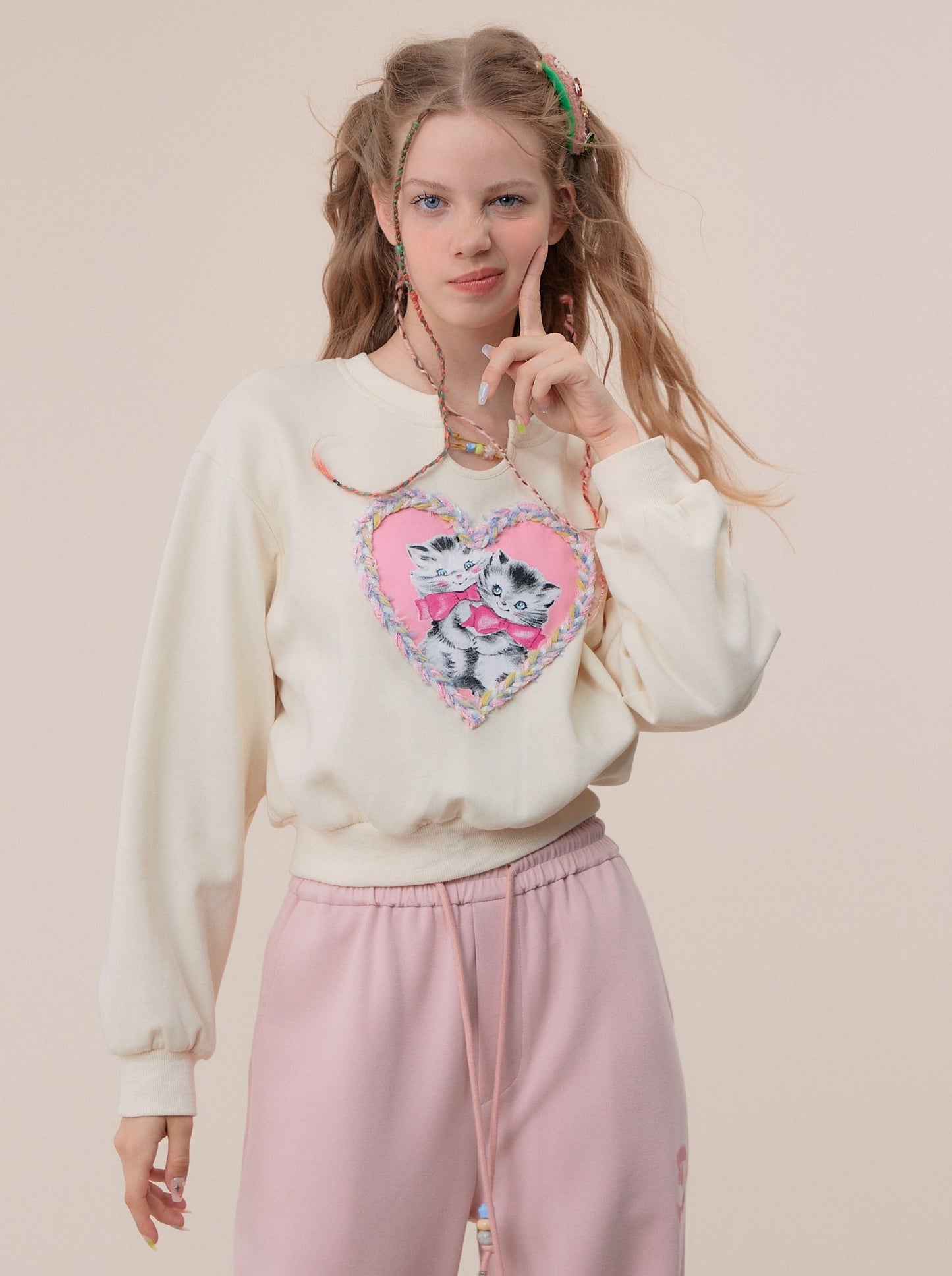 Short Loose American Retro Love Cat Sweatshirt