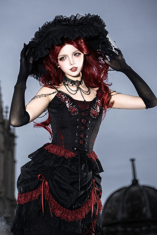 [Pre-order] Red and Black Dark Gothic Lolita Jacquard Corset Bustier Top