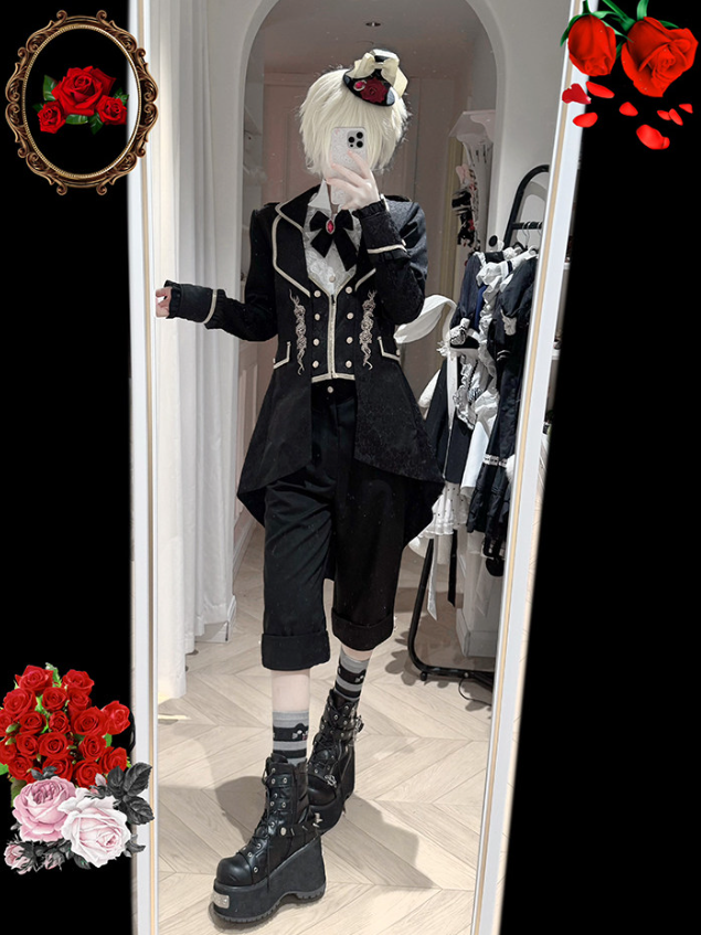 [Précommande jusqu'au 8 mai] Veste queue-de-pie gothique noire/rouge avec bordure dorée et broderies