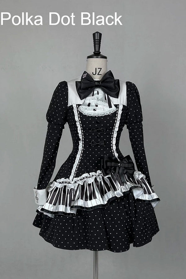 [Pre-order Deadline: October 22] Polka Dot/Black Gothic Lolita Asymmetrical Design Piano Key and Musical Note Ruffle Dress with Piano Key Lace Bow Tie