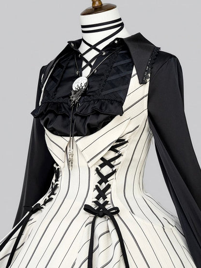 【12月29日予約締切】ゴシックロリータストライプバッククロスフリルサスドレス