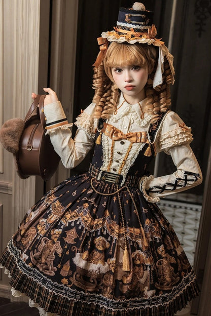 [Reservierungsschluss 8. September] Classic Bear Lolita-Stufenkleid mit weißem Kragen, Karomuster, Spitze und Schleife+Vintage-JSK-Kleid mit Teddybär-Print und Spitze+Vintage-Lolita-Kleid mit Teddybär-Print, Karokragen und klassischem Karomuster
