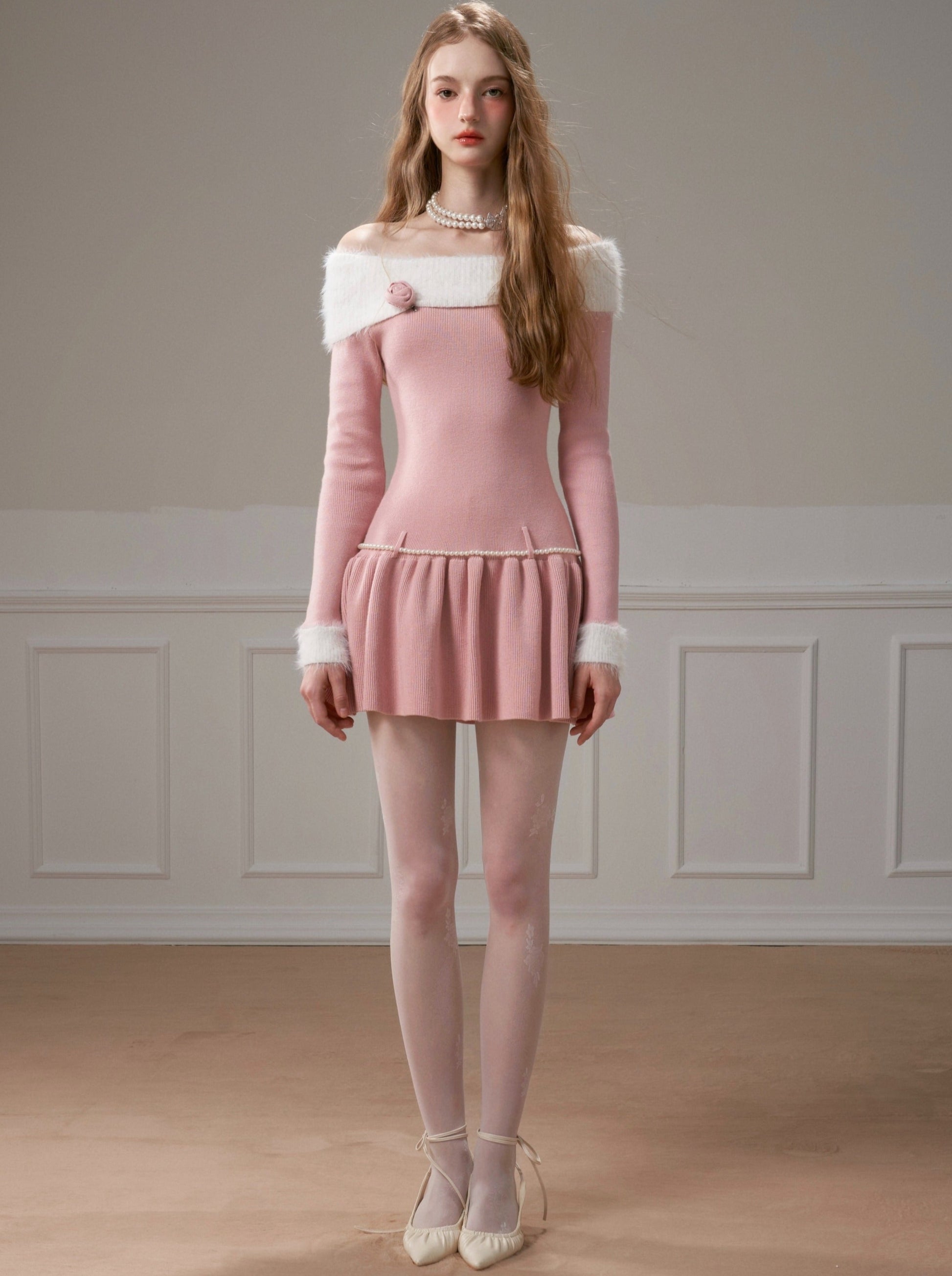 pink off the shoulder sweater dress Rose Ballet Sweet Girly Off-Shoulder Knit Dress – Belchic