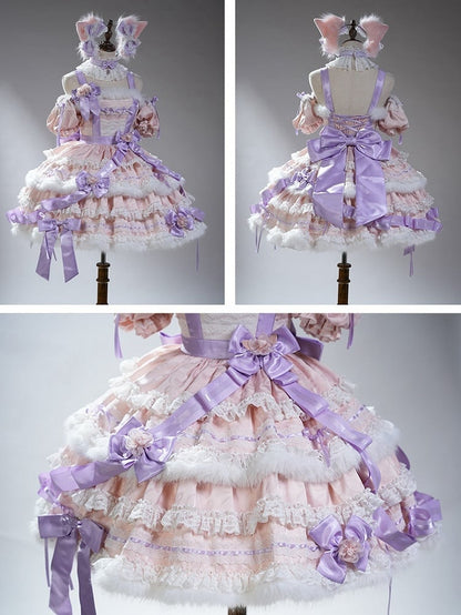 【12月26日予約締切】キャットファンタジーピンクパープルファーリボンティアードドレス＋猫耳ヘッドKC＋レースチョーカー