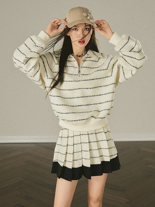 Border zip-up top + pleated skirt