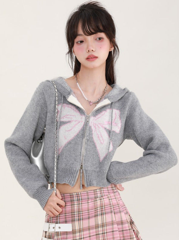 Ribbon Print Hoodie Short Knit Cardigan