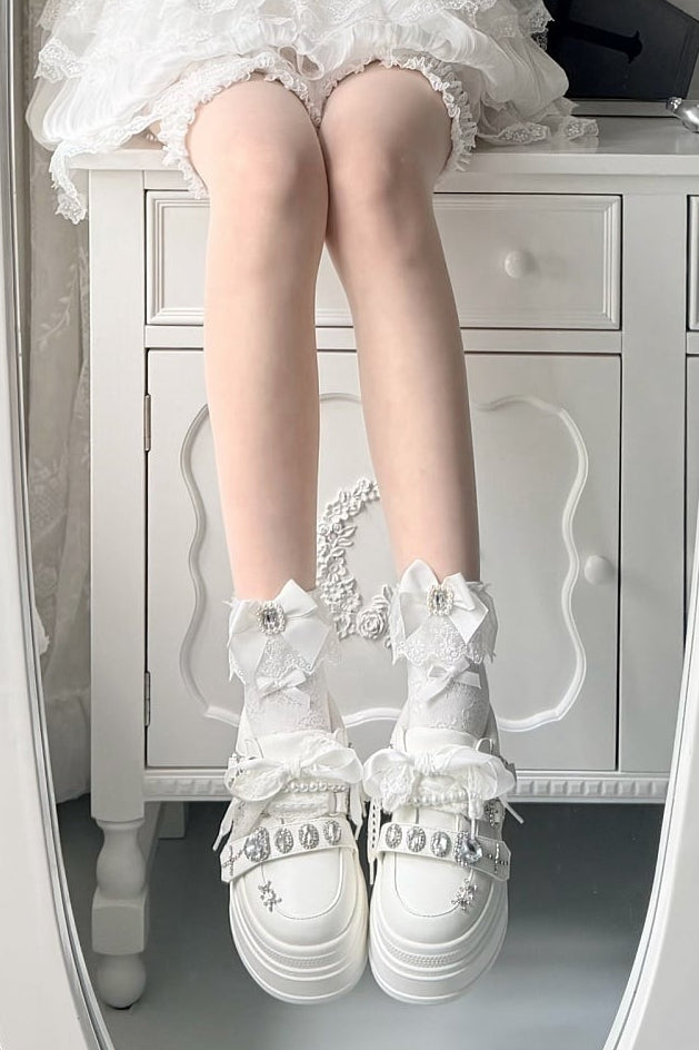 【10月6日予約締切】White/Pink/Black Rhinestone Buckle Lace Cross Charm Ribbon Chunky Sneakers