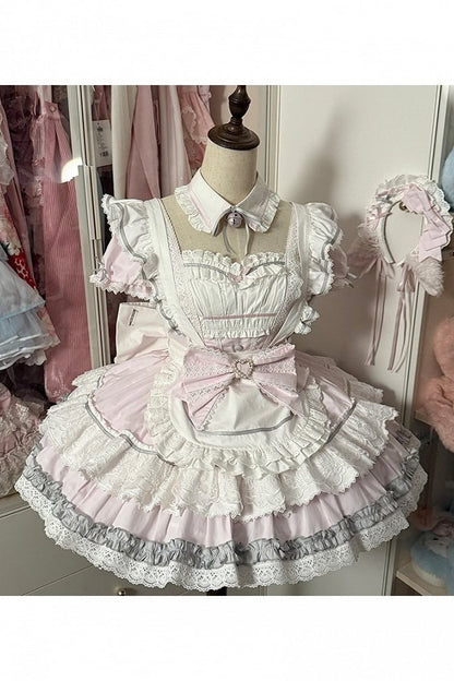 [Pre-Order] Pink Sweet Lolita Ruffle Maid Dress Set (Detachable Collar with Bells + Waist Apron with Ribbon + Back Ribbon + Leg Rings)