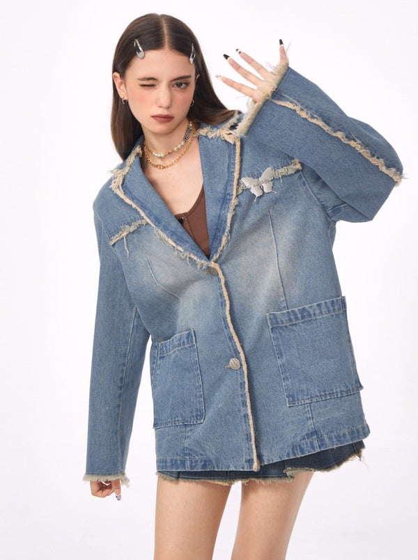 アメリカンレトロミッドレングスカジュアルルーズデニムジャケット