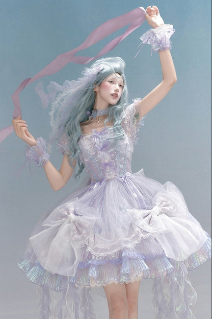 [Reservierungsschluss 1. August] Blau/Weiß/Lila Quallen-Feen-Lolita-Kleid mit Schleifen und Aurora-Schleppe