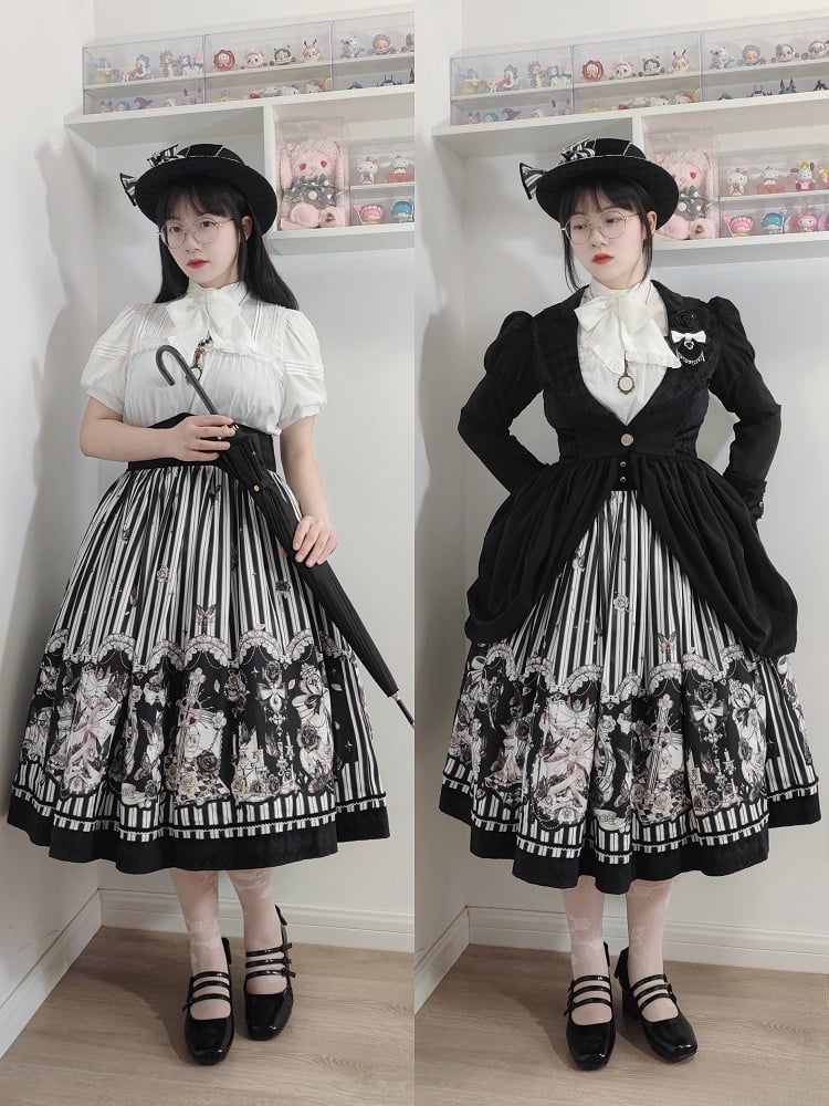 【10月3日予約締切】Black White Striped Gothic Rose Print Skirt(Short/Long)