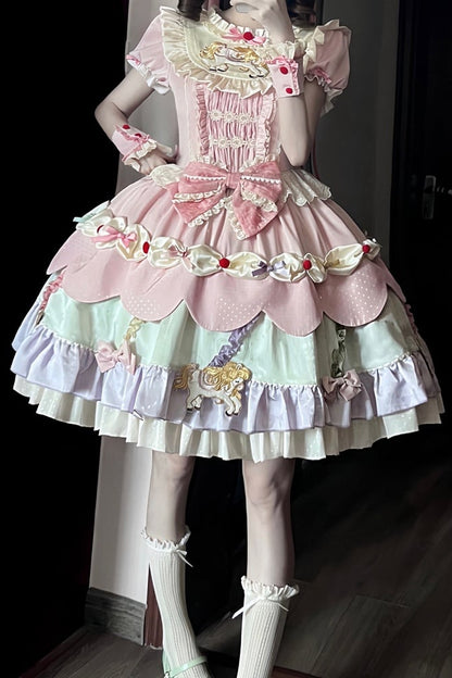 【8月20日予約締切】ピンク×パステルスイートロリータエンブロイダリーフリルリボンティアードドレス