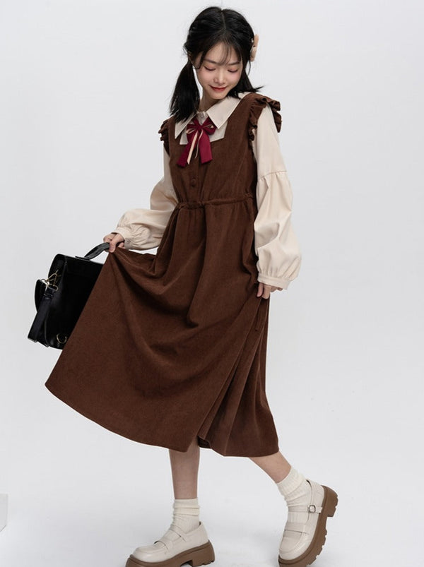 フェイクツーピースフリルショルダーシャツワンピース