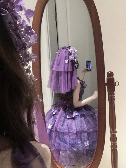 [Pre-order Deadline: May 23] Wisteria Purple Series Hairband Veil + Back Bow Train + Choker + Off-Shoulder Shawl Sleeves