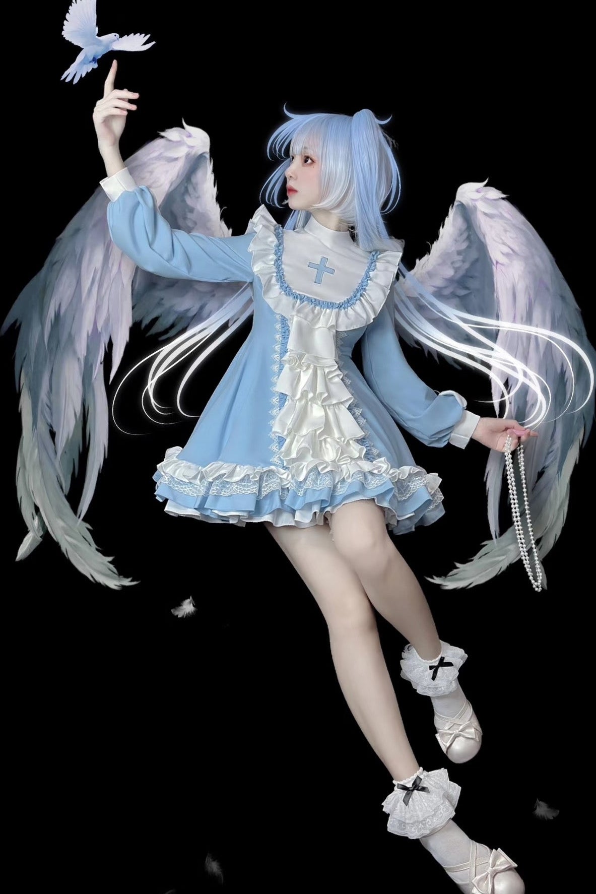 【Angelic Aesthetic👼】Stand Collar Cross Angel Tiered Ribbon Dress