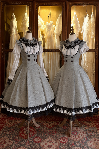 [Pre-order Deadline: May 19] Gray-Black Classic Lolita Top, JSK One-Piece & Bow Tie 3-Piece Ensemble